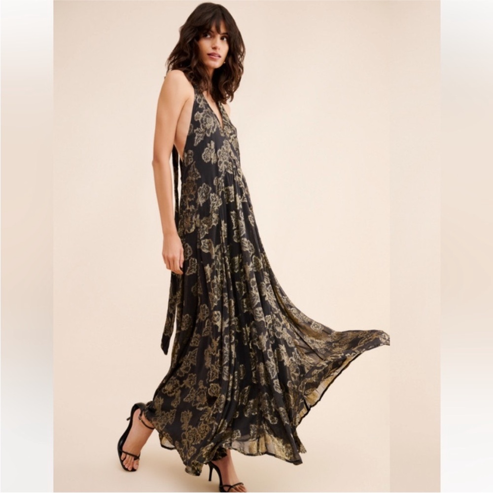 FREE PEOPLE Metallic Holding On Convertible Black Gold Floral Maxi Dress Women M